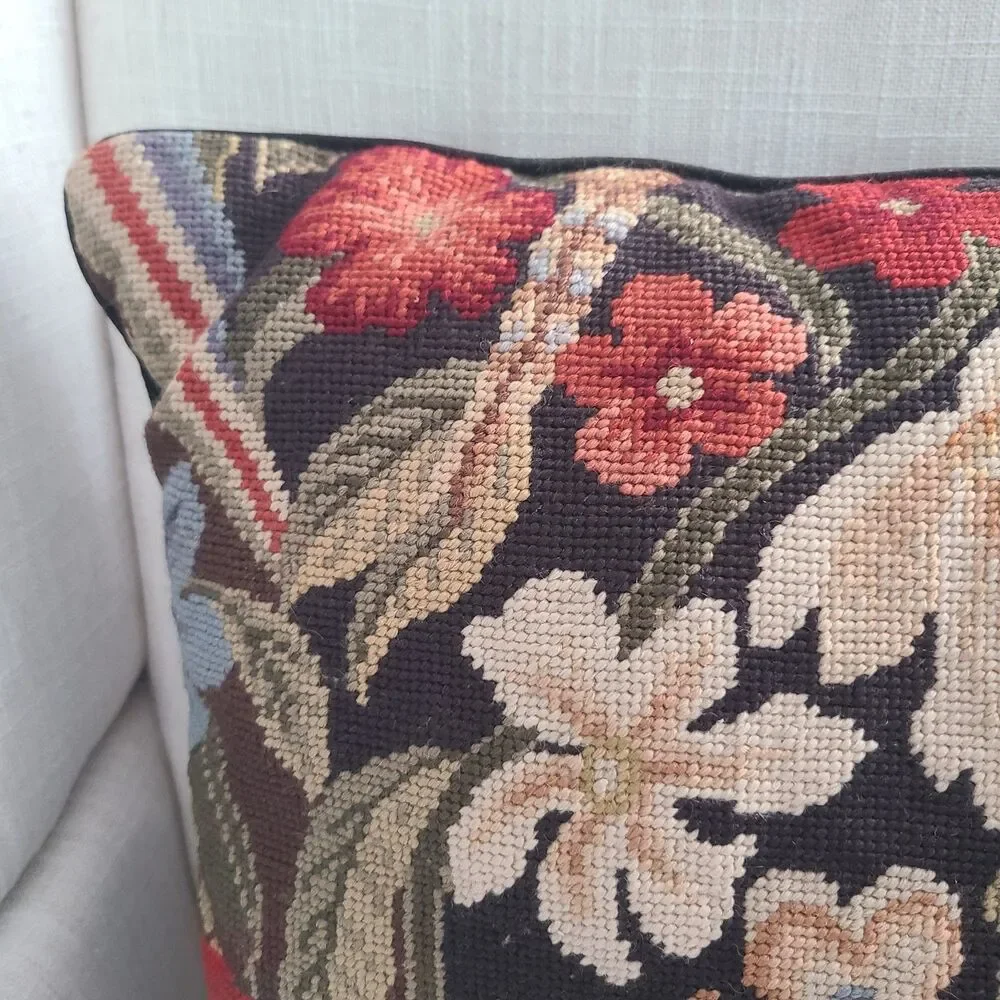 Throw Pillow Michaelian St.Cyr Needlepoint Handmade Wool/ Velvet Elegance 18x18